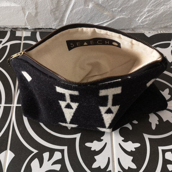 SEAECHO Top Zip Pouch Bag- Black Wool With Aztec Pattern - 12"w x 8.5 h - Picture 3 of 4